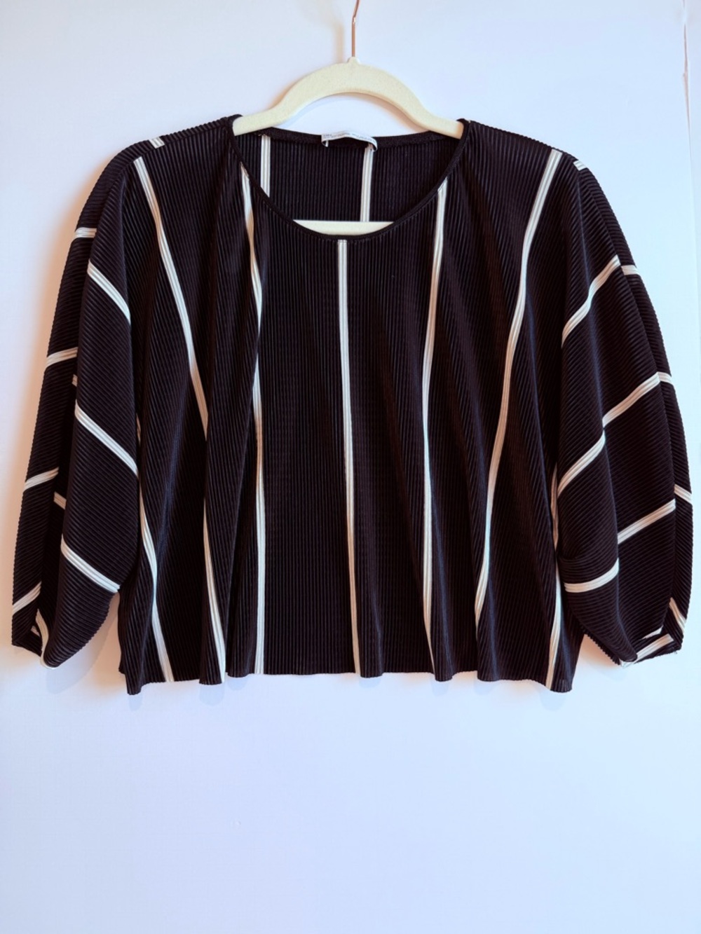 Zara Black Blouse with White Vertical Stripes